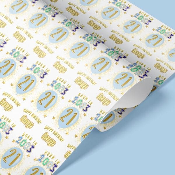 Personalised Blue Birthday Wrapping Paper – “Born in [Year]” Design with Any Name & Age – Milestone Gift Wrap for Him