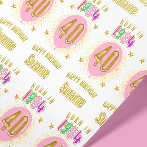 Personalised Pink Birthday Wrapping Paper – “Born in [Year]” Design – Add Name & Age – Ideal for Milestone Birthdays