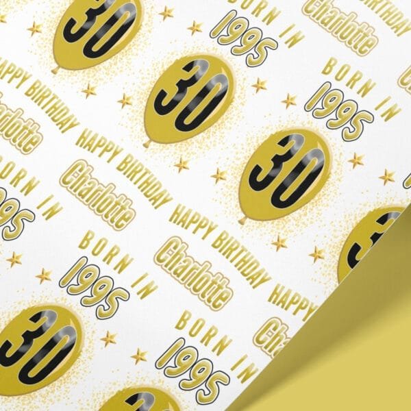 Personalised Gold Birthday Wrapping Paper – “Born in [Year]” Design with Name & Age – Custom Milestone Gift Wrap