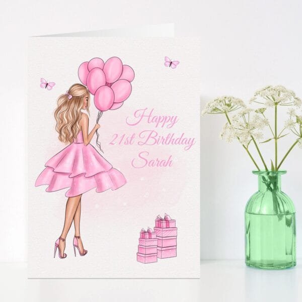 Pink Dress with balloons Card