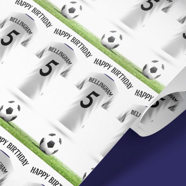 Personalised Real Madrid Style Football Wrapping Paper – Custom Name & Number Gift Wrap