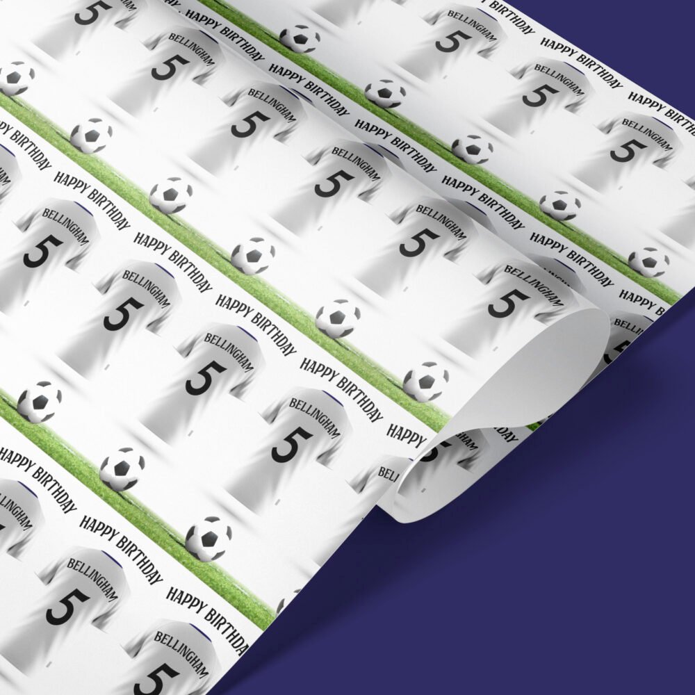 Personalised Real Madrid Style Football Wrapping Paper – Custom Name & Number Gift Wrap - Image 3