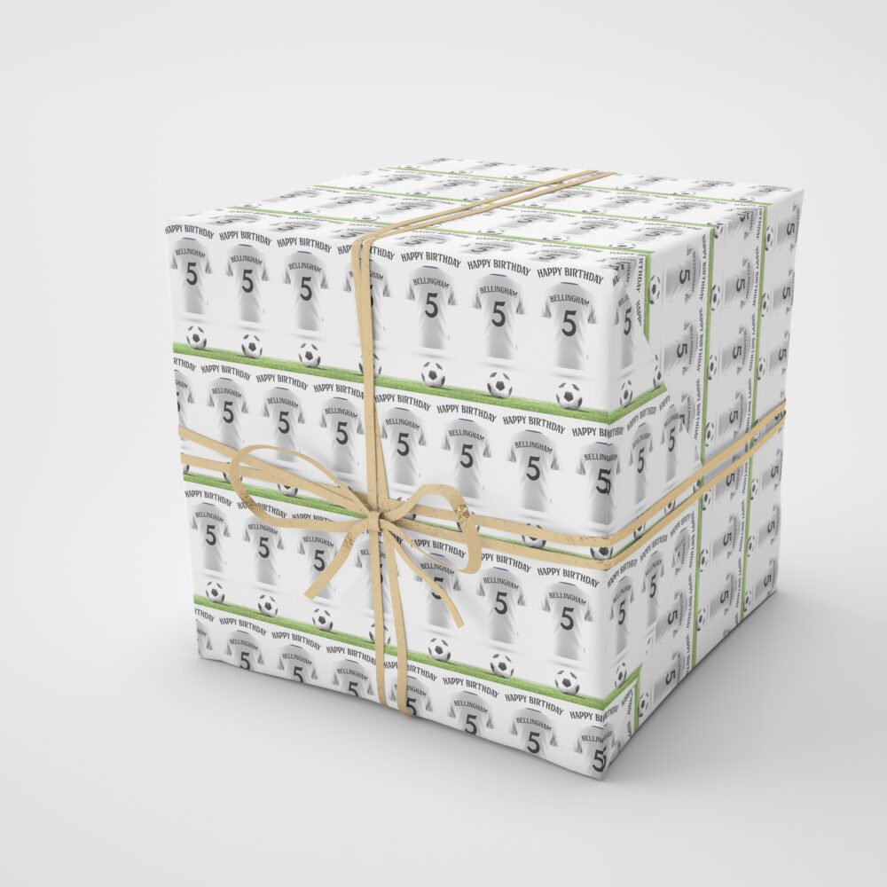 Personalised Real Madrid Style Football Wrapping Paper – Custom Name & Number Gift Wrap - Image 4