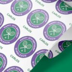 Personalised Wimbledon Birthday Wrapping Paper – Custom Name Tennis Gift Wrap – Green & Purple Tennis Racket Design – Sports Party Theme – Multiple Sizes Available